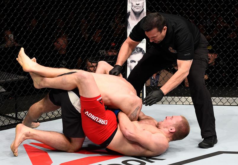Misha Cirkunov secures a guillotine choke submission against Nikita Krylov of Ukraine in their light heavyweight bout during the UFC 206 event inside the Air Canada Centre on December 10, 2016 in Toronto, Ontario, Canada. (Photo by Jeff Bottari/Zuffa LLC)