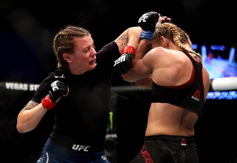 Joanne Calderwood of United Kingdom compete against Andrea Lee of United States in their Women's Flyweight Bout during the UFC 242 event at The Arena on September 07, 2019 in Abu Dhabi, United Arab Emirates. (Photo by Francois Nel/Getty Images)