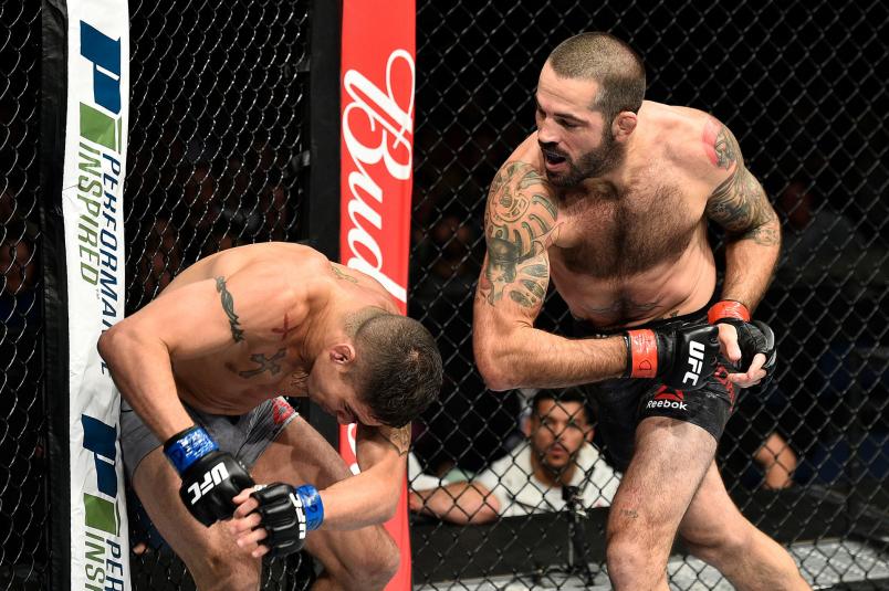 Matt Brown throws an elbow against Diego Sanchez in their welterweight bout during the UFC Fight Night event inside the Ted Constant Convention Center on November 11, 2017 in Norfolk, Virginia. (Photo by Brandon Magnus/Zuffa LLC)