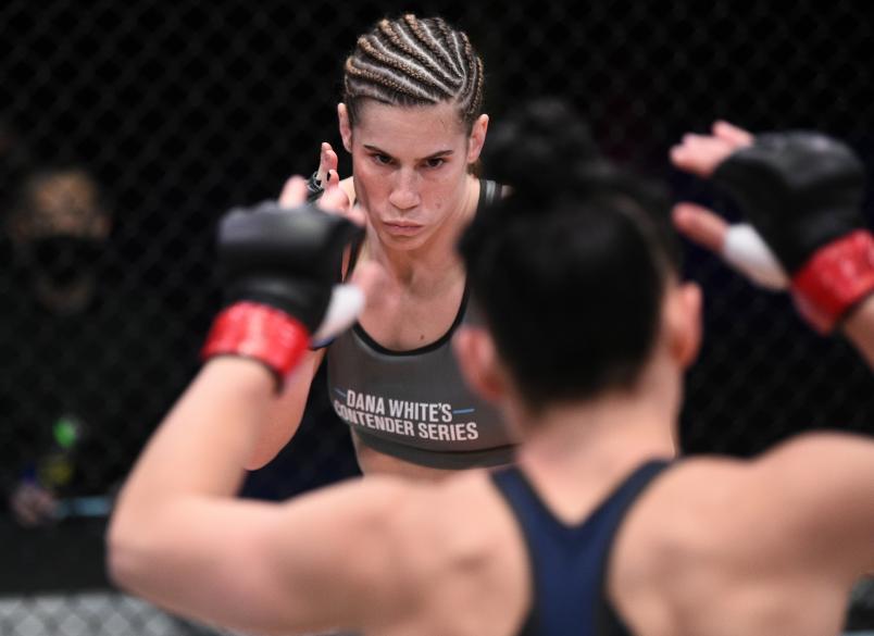 Victoria Leonardo battles Chelsea Hackett in a flyweight bout during Dana White's Contender Series season four week ten at UFC APEX on November 17, 2020 in Las Vegas, Nevada. (Photo by Chris Unger/DWCS LLC/Zuffa LLC)