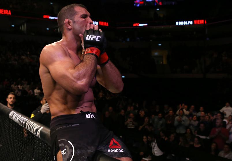 Rodolfo Vieira of Brazil celebrates after his victory over Oskar Piechota of Poland in their middleweight fight during the UFC Fight Night event at Antel Arena on August 10, 2019 in Montevideo, Uruguay. (Photo by Alexandre Schneider /Zuffa LLC)