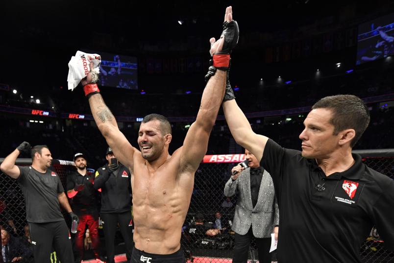Rodolfo Vieira of Brazil celebrates after his submission victory over Saparbeg Safarov in their middleweight fight during the UFC 248 event at T-Mobile Arena on March 07, 2020 in Las Vegas, Nevada. (Photo by Jeff Bottari/Zuffa LLC)
