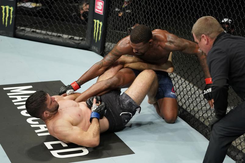 Thiago Moises of Brazil submits Michael Johnson in their lightweight bout during the UFC Fight Night Event at VyStar Veterans Memorial Arena on May 13, 2020 in Jacksonville, Florida. (Photo by Cooper Neill/Zuffa LLC)