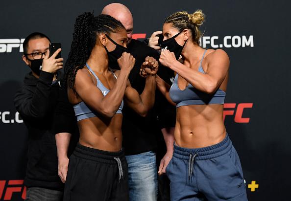 Opponents Angela Hill and Ashley Yoder face off during the UFC weigh-in at UFC APEX on February 26, 2021 in Las Vegas, Nevada. (Photo by Jeff Bottari/Zuffa LLC)