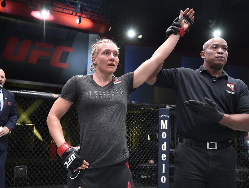 Yana Kunitskaya of Russia reacts after her victory over Julija Stoliarenko of Lithuania in their bantamweight fight during the UFC Fight Night event at UFC APEX on August 08, 2020 in Las Vegas, Nevada. (Photo by Chris Unger/Zuffa LLC)