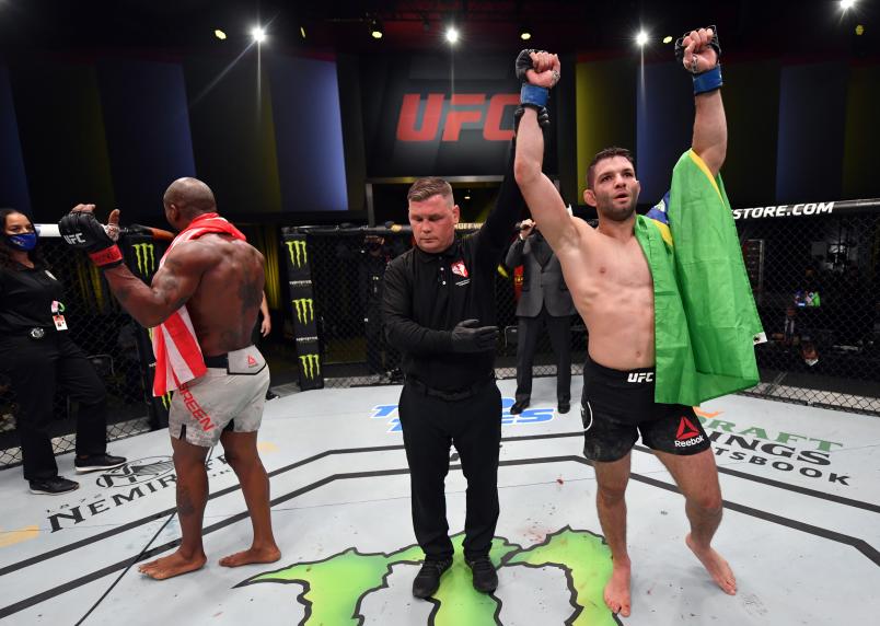 Thiago Moises of Brazil reacts after his decision victory over Bobby Green in a lightweight bout during the UFC Fight Night event at UFC APEX on October 31, 2020 in Las Vegas, Nevada. (Photo by Jeff Bottari/Zuffa LLC)