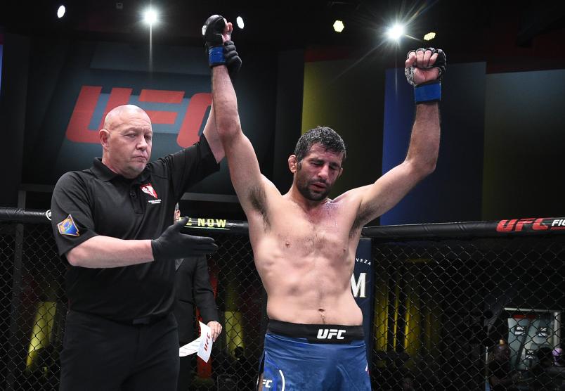 Beneil Dariush of Iran reacts after his split-decision victory over Diego Ferreira of Brazil in their lightweight fight during the UFC Fight Night event at UFC APEX on February 06, 2021 in Las Vegas, Nevada. (Photo by Chris Unger/Zuffa LLC)