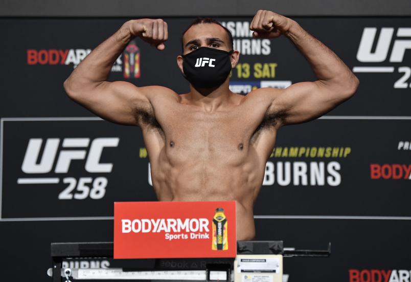 abe Green poses on the scale during the UFC weigh-in at UFC APEX on February 12, 2021 in Las Vegas, Nevada. (Photo by Jeff Bottari/Zuffa LLC)