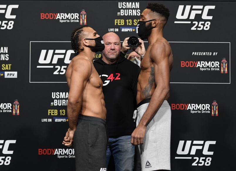 Opponents Gabe Green and Phil Rowe face off during the UFC weigh-in at UFC APEX on February 12, 2021 in Las Vegas, Nevada. (Photo by Jeff Bottari/Zuffa LLC)