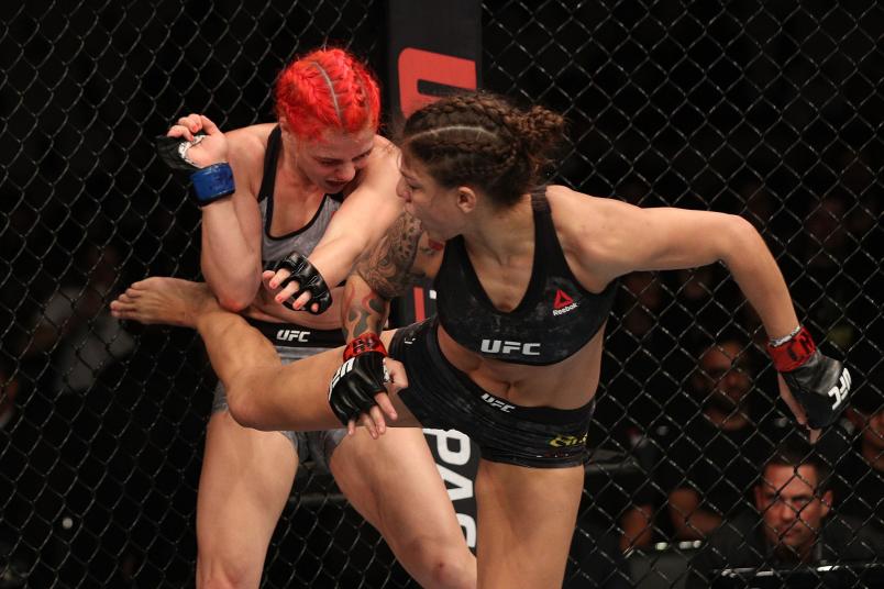 Mayra Bueno Silva of Brazil kicks Gillian Robertson of Canada in their women's flyweight bout during the UFC Fight Night event at Ibirapuera Gymnasium on September 22, 2018 in Sao Paulo, Brazil. (Photo by Buda Mendes/Zuffa LLC/Zuffa LLC)