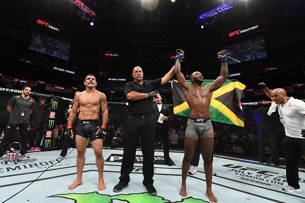 Leon Edwards of Jamaica reacts after defeating Rafael Dos Anjos of Brazil by unanimous decision in their welterweight bout during the UFC Fight Night event at AT&T Center on July 20, 2019 in San Antonio, Texas. (Photo by Josh Hedges/Zuffa LLC)