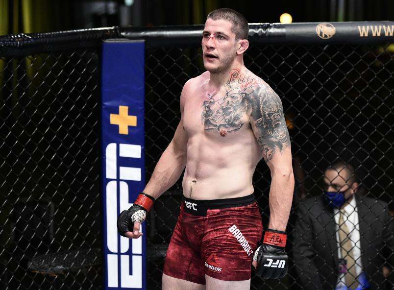 Marc-Andre Barriault of Canada celebrates after his victory over Oskar Piechota of Poland in their middleweight bout during the UFC Fight Night event at UFC APEX on June 20, 2020 in Las Vegas, Nevada. (Photo by Chris Unger/Zuffa LLC)