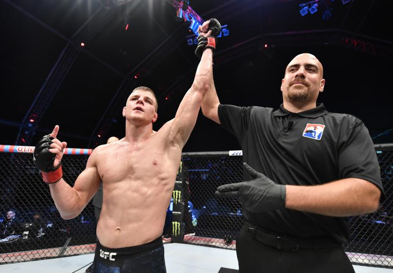 Grant Dawson celebrates after his victory over Nad Narimani in their bout during the UFC Fight Night event inside Flash Forum on UFC Fight Island on July 19, 2020 in Yas Island, Abu Dhabi, United Arab Emirates. (Photo by Jeff Bottari/Zuffa LLC)