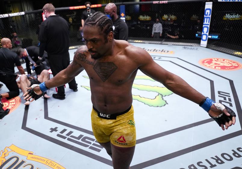 Ryan Spann reacts after his knockout victory over Misha Cirkunov of Latvia in a light heavyweight fight during the UFC Fight Night event at UFC APEX on March 13, 2021 in Las Vegas, Nevada. (Photo by Jeff Bottari/Zuffa LLC)