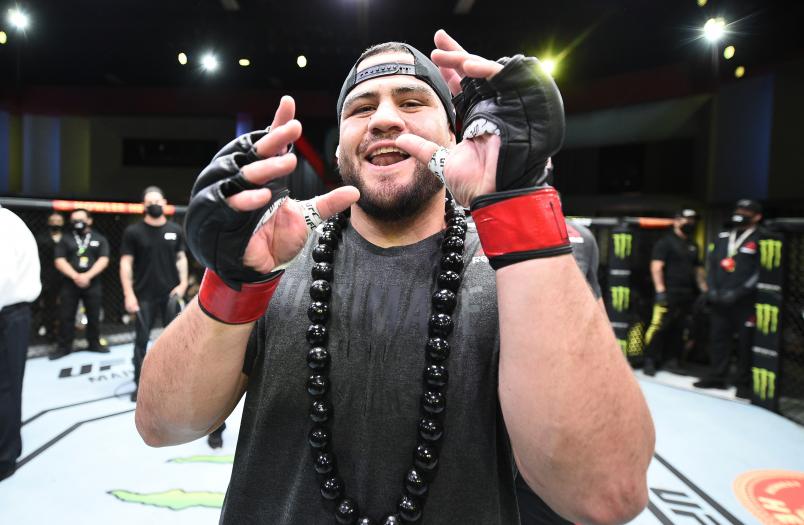 Tai Tuivasa of Australia reacts after his victory over Harry Hunsucker in their heavyweight fight during the UFC Fight Night event at UFC APEX on March 20, 2021 in Las Vegas, Nevada. (Photo by Chris Unger/Zuffa LLC)