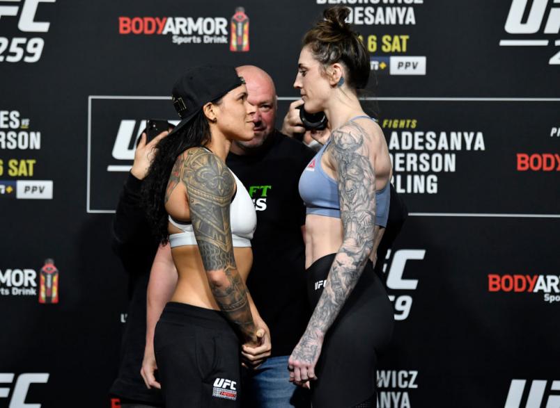 LAS VEGAS, NEVADA - MARCH 05: (L-R) Opponents Amanda Nunes of Brazil and Megan Anderson of Australia face off during the UFC 259 weigh-in at UFC APEX on March 05, 2021 in Las Vegas, Nevada. (Photo by Jeff Bottari/Zuffa LLC)