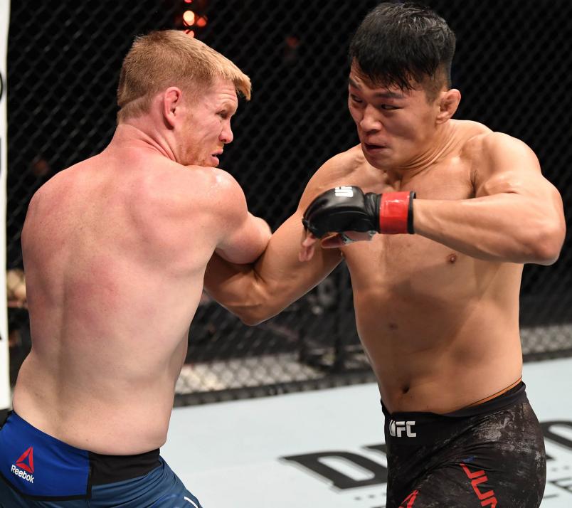 Da-un Jung of South Korea punches Sam Alvey in their light heavyweight bout during the UFC 254 event on October 24, 2020 on UFC Fight Island, Abu Dhabi, United Arab Emirates. (Photo by Josh Hedges/Zuffa LLC via Getty Images)