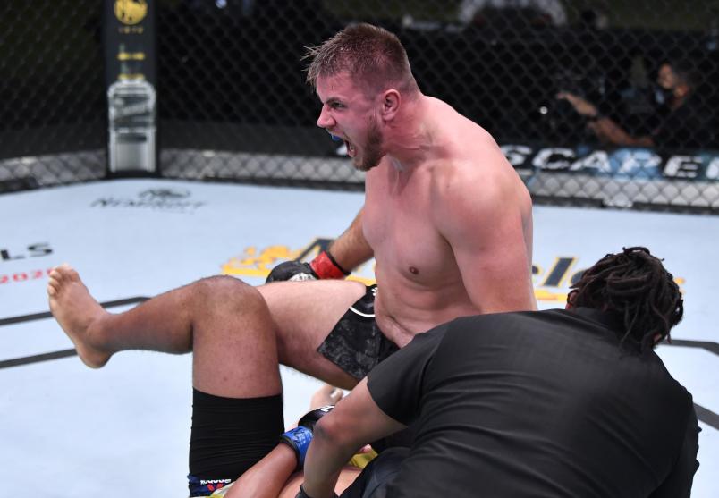 Alexandr Romanov of Moldova reacts after his submission victory over Marcos Rogerio de Lima of Brazil in a heavyweight fight during the UFC Fight Night event at UFC APEX on November 07, 2020 in Las Vegas, Nevada. (Photo by Jeff Bottari/Zuffa LLC)