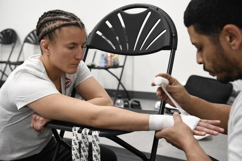 Sam Hughes has her hands wrapped backstage during the UFC 256 event at UFC APEX on December 12, 2020 in Las Vegas, Nevada. (Photo by Mike Roach/Zuffa LLC)