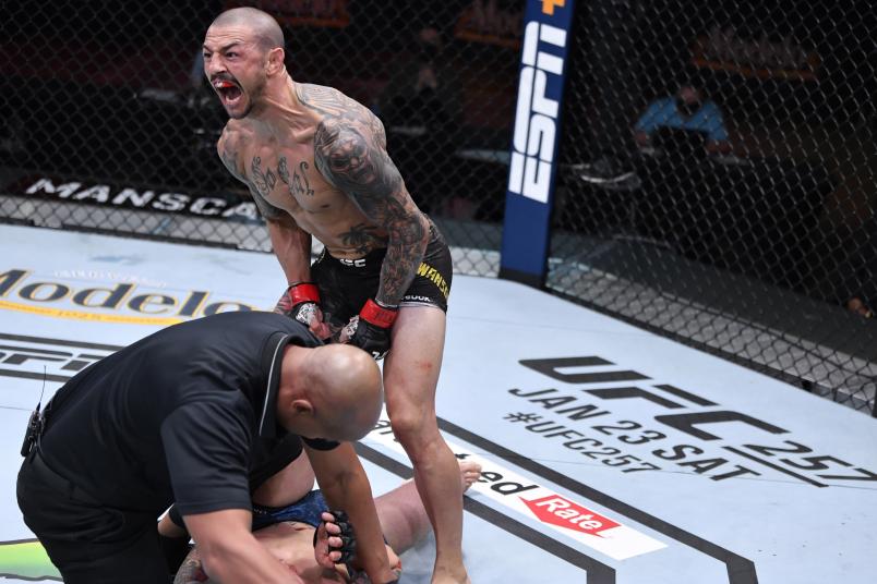 Cub Swanson celebrates his KO victory over Daniel Pineda in their featherweight bout during the UFC 256 event at UFC APEX on December 12, 2020 in Las Vegas, Nevada. (Photo by Jeff Bottari/Zuffa LLC)