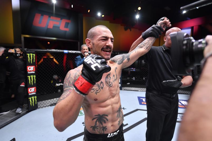 Cub Swanson celebrates his KO victory over Daniel Pineda in their featherweight bout during the UFC 256 event at UFC APEX on December 12, 2020 in Las Vegas, Nevada. (Photo by Jeff Bottari/Zuffa LLC)