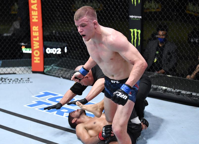 Grant Dawson reacts after his last-second knockout of Leonardo Santos of Brazil in their middleweight fight during the UFC Fight Night event at UFC APEX on March 20, 2021 in Las Vegas, Nevada. (Photo by Chris Unger/Zuffa LLC)