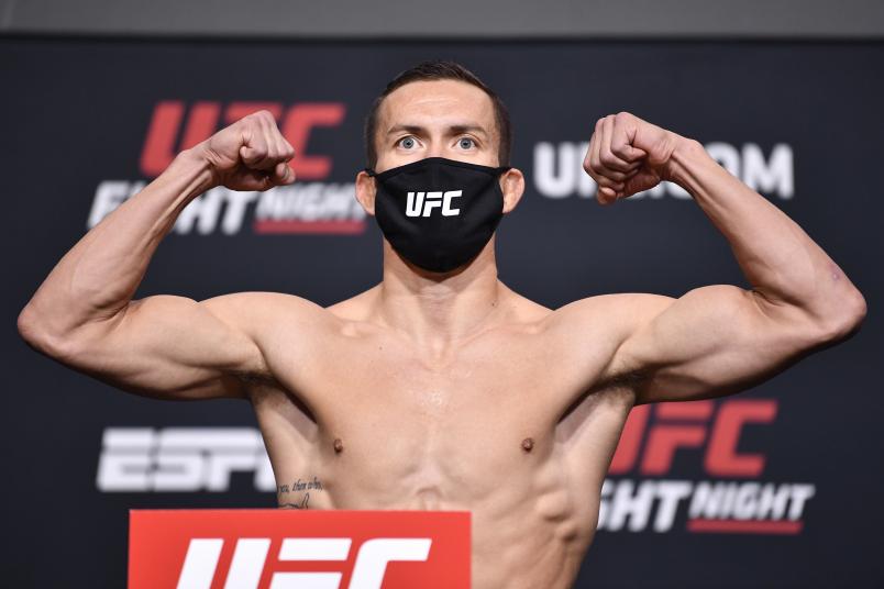 Hunter Azure poses on the scale during the UFC weigh-in at UFC APEX on April 09, 2021 in Las Vegas, Nevada. (Photo by Chris Unger/Zuffa LLC)