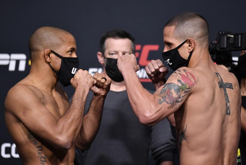 Tony Gravely and Anthony Birchak face off during the UFC weigh-in at UFC APEX on April 16, 2021 in Las Vegas, Nevada. (Photo by Chris Unger/Zuffa LLC)