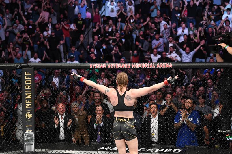 Valentina Shevchenko of Kyrgyzstan reacts after defeating Jessica Andrade of Brazil in their UFC women's flyweight championship bout during the UFC 261 event at VyStar Veterans Memorial Arena on April 24, 2021 in Jacksonville, Florida. (Photo by Josh Hedges/Zuffa LLC)
