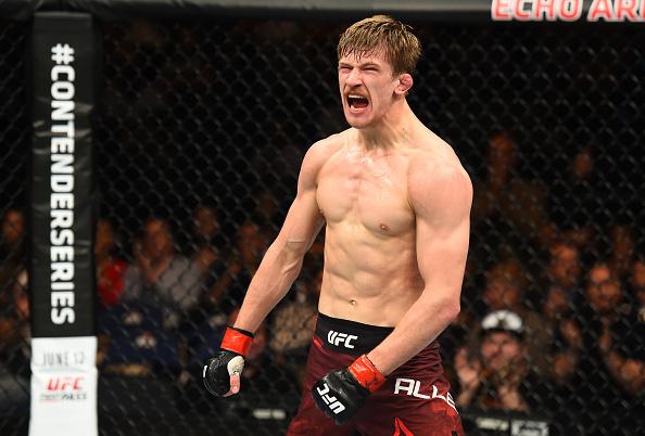 Arnold Allen of England celebrates his submission victory over Mads Burnell in their featherweight bout during the UFC Fight Night event at ECHO Arena on May 27, 2018 in Liverpool, England. (Photo by Josh Hedges/Zuffa LLC)