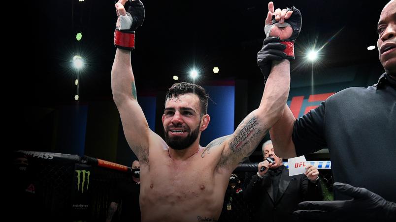 Bruno Silva of Brazil celebrates after his knockout over JP Buys of South Africa in their flyweight fight during the UFC Fight Night event at UFC APEX on March 20, 2021 in Las Vegas, Nevada. (Photo by Chris Unger/Zuffa LLC via Getty Images)