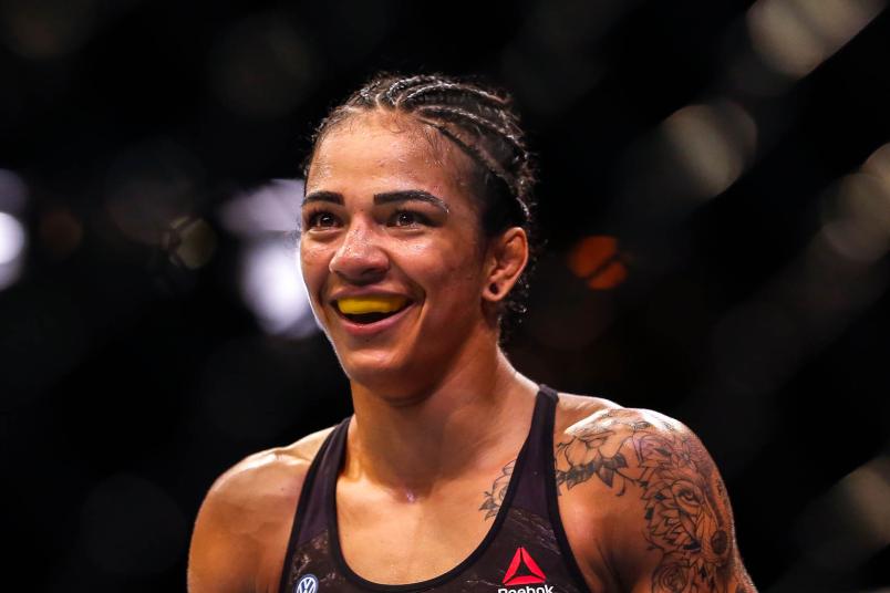 Viviane Araujo of Brazil reacts after her TKO victory over Talita Bernardo of Brazil in their women's bantamweight bout during the UFC 237 event at Jeunesse Arena on May 11, 2019 in Rio de Janeiro, Brazil