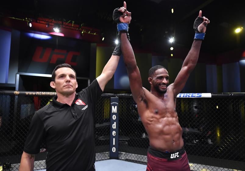 Neil Magny reacts after his victory over Robbie Lawler in their welterweight fight during the UFC Fight Night event at UFC APEX on August 29, 2020 in Las Vegas, Nevada. (Photo by Jeff Bottari/Zuffa LLC)