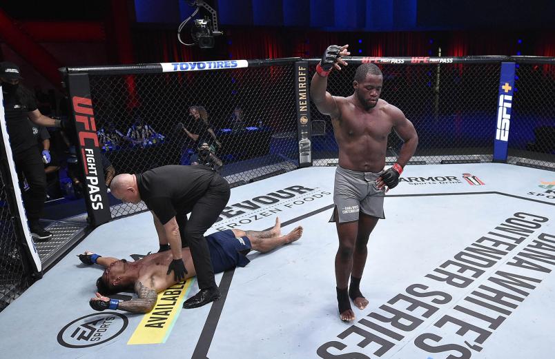 Tafon Nchukwi reacts after his knockout victory over Al Matavao in a light heavyweight bout during week six of Dana White's Contender Series season four at UFC APEX on September 08, 2020 in Las Vegas, NV. (Photo by Chris Unger/DWCS LLC/Zuffa LLC)