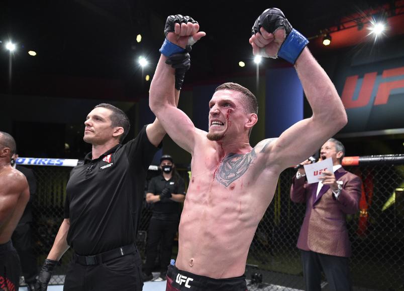 David Dvorak of the Czech Republic reacts after his victory over Jordan Espinosa in their flyweight bout during the UFC Fight Night event at UFC APEX on September 19, 2020 in Las Vegas, Nevada. (Photo by Chris Unger/Zuffa LLC)