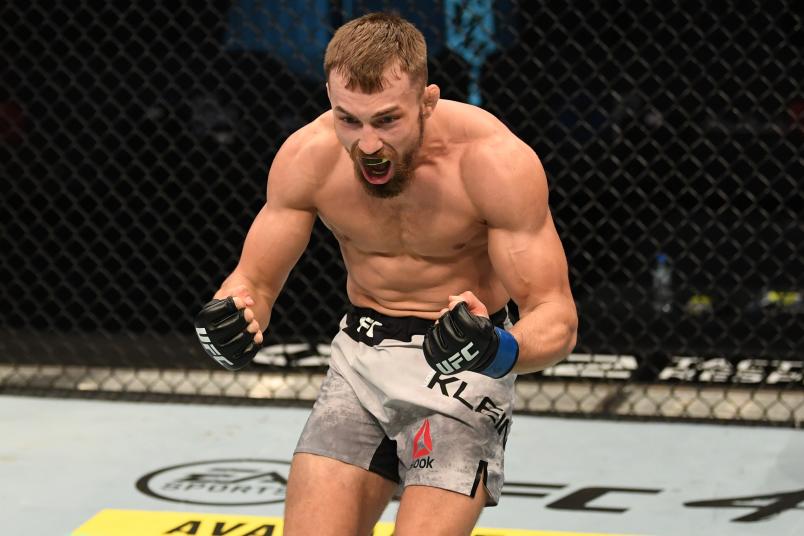 Ludovit Klein of Slovakia reacts after defeating Shane Young of New Zealand in their featherweight bout during UFC 253 inside Flash Forum on UFC Fight Island on September 27, 2020 in Abu Dhabi, United Arab Emirates. (Photo by Josh Hedges/Zuffa LLC)