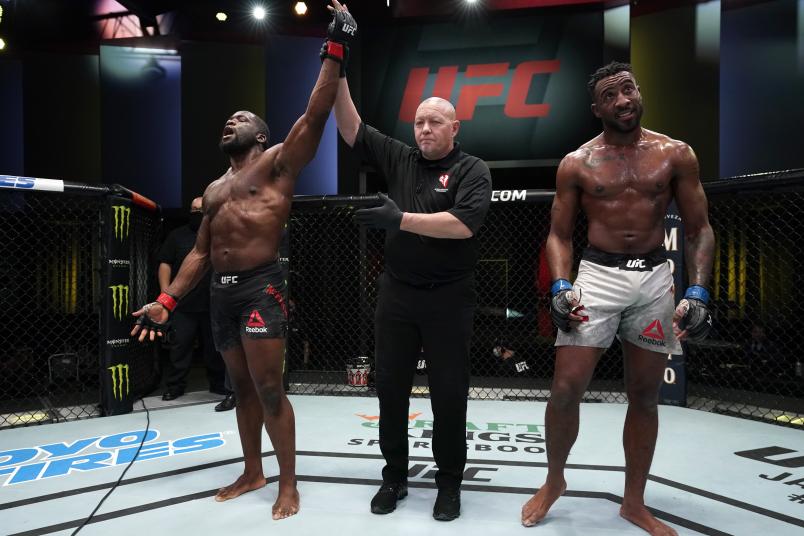 Tafon Nchukwi of Cameroon reacts after his victory over Jamie Pickett in a middleweight fight during the UFC Fight Night event at UFC APEX on December 19, 2020 in Las Vegas, Nevada. (Photo by Cooper Neill/Zuffa LLC)
