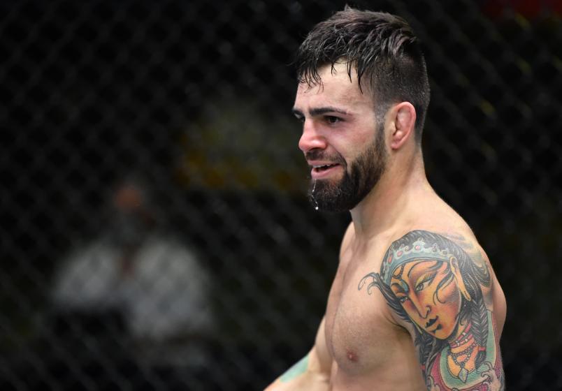 Bruno Silva of Brazil celebrates after his knockout over JP Buys of South Africa in their flyweight fight during the UFC Fight Night event at UFC APEX on March 20, 2021 in Las Vegas, Nevada. (Photo by Chris Unger/Zuffa LLC)