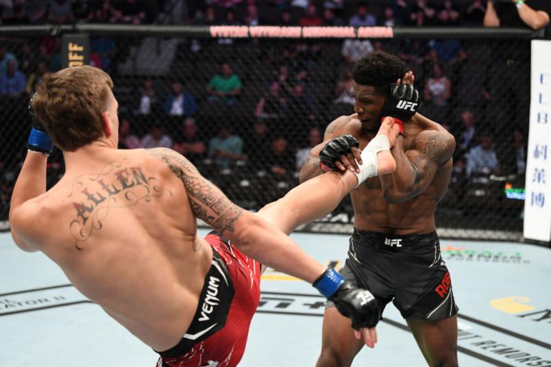 Brendan Allen kicks Karl Roberson in their middleweight bout during the UFC 261 event at VyStar Veterans Memorial Arena on April 24, 2021 in Jacksonville, Florida. (Photo by Josh Hedges/Zuffa LLC)