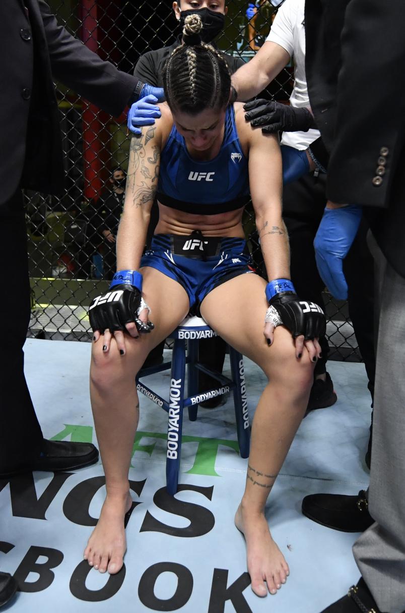 Luana Pinheiro of Brazil reacts after her disqualification victory over Randa Markos of Iraq due to an illegal kick during the UFC Fight Night event at UFC APEX on May 01, 2021 in Las Vegas, Nevada. (Photo by Jeff Bottari/Zuffa LLC)