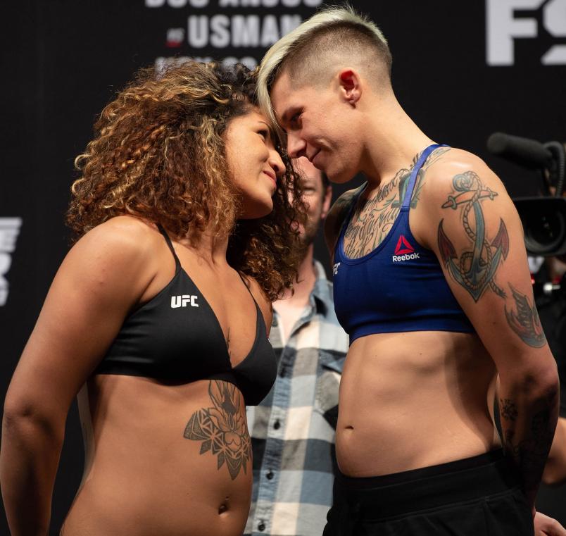 Pannie Kianzad of Denmark and Macy Chiasson face off during The Ultimate Fighter Finale weigh-in inside The Pearl concert theater at Palms Casino Resort on November 29, 2018 in Las Vegas, Nevada. (Photo by Chris Unger/Zuffa LLC/Zuffa LLC via Getty Images