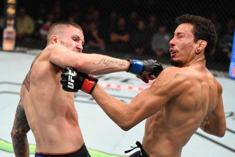 Steven Peterson knocks out Martin Bravo of Mexico with a spinning back fist in their featherweight bout during the UFC Fight Night event on September 21, 2019 in Mexico City, Mexico. (Photo by Josh Hedges/Zuffa LLC)