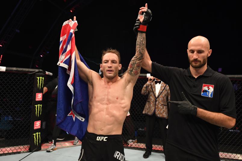 Brad Riddell of New Zealand reacts after defeating Alex da Silva of Brazil in their lightweight bout during UFC 253 inside Flash Forum on UFC Fight Island on September 27, 2020 in Abu Dhabi, United Arab Emirates. (Photo by Josh Hedges/Zuffa LLC)