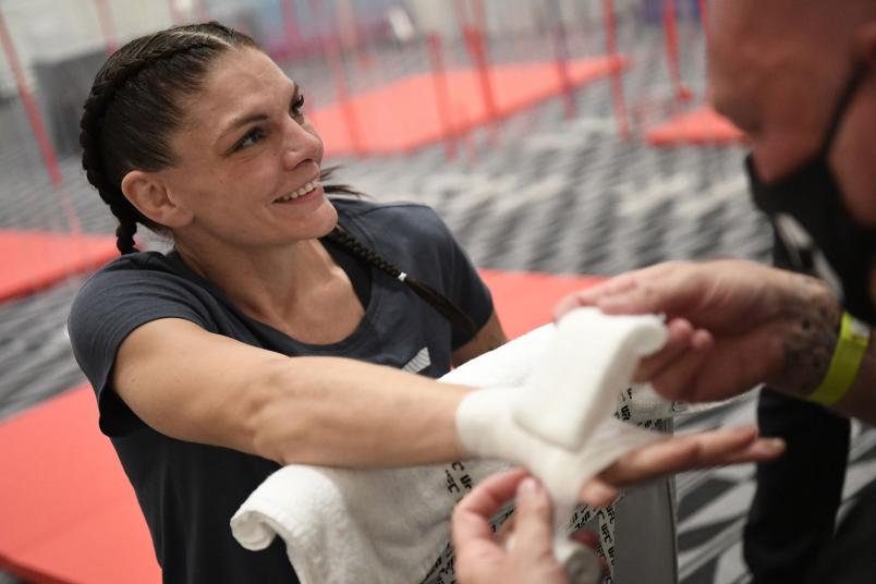 Lauren Murphy has her hands wrapped backstage during the UFC 254 event on October 24, 2020 on UFC Fight Island, Abu Dhabi, United Arab Emirates. (Photo by Mike Roach/Zuffa LLC via Getty Images)