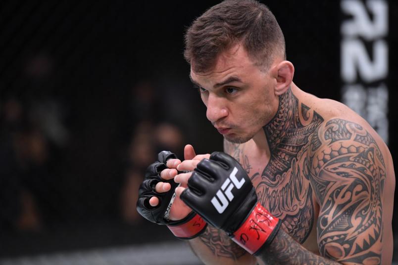 Renato Moicano of Brazil battles Rafael Fiziev of Kyrgyzstan in their lightweight bout during the UFC 256 event at UFC APEX on December 12, 2020 in Las Vegas, Nevada. (Photo by Jeff Bottari/Zuffa LLC)