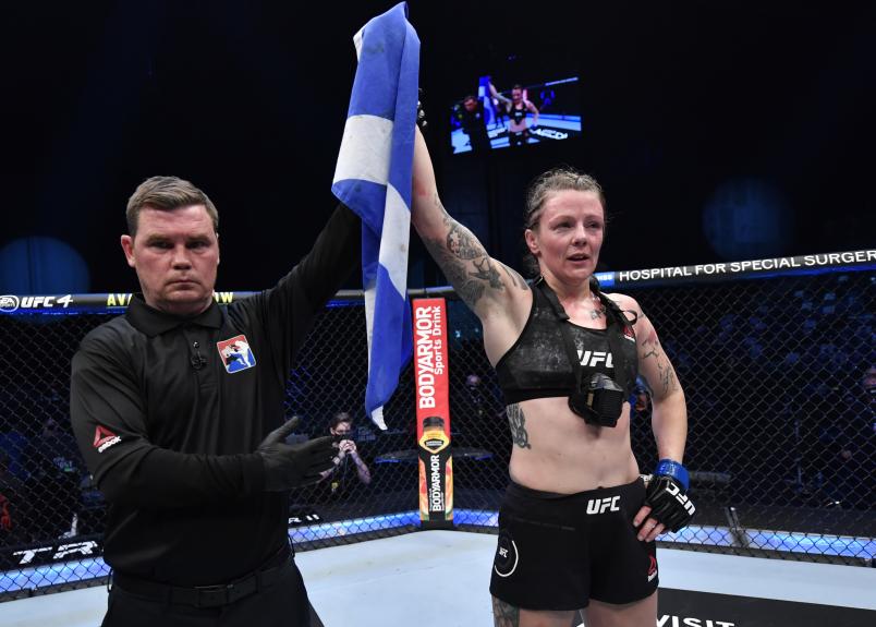 Joanne Calderwood of Scotland reacts after her victory over Jessica Eye in a flyweight fight during the UFC 257 event inside Etihad Arena on UFC Fight Island on January 23, 2021 in Abu Dhabi, United Arab Emirates. (Photo by Jeff Bottari/Zuffa LLC)