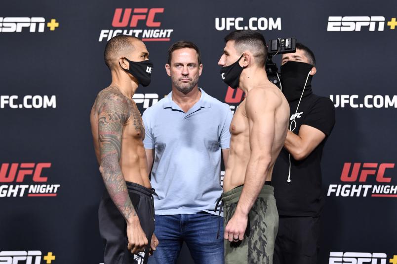 Yancy Medeiros and Damir Hadzovic face off during the UFC Fight Night weigh-in at UFC APEX on May 21, 2021 in Las Vegas, Nevada. (Photo by Chris Unger/Zuffa LLC)