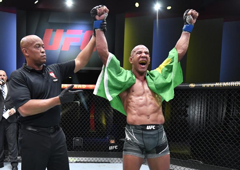 Gregory Rodrigues reacts after his victory over Dusko Todorovic of Serbia in a middleweight fight during the UFC Fight Night event at UFC APEX on June 05, 2021 in Las Vegas, Nevada. (Photo by Jeff Bottari/Zuffa LLC)