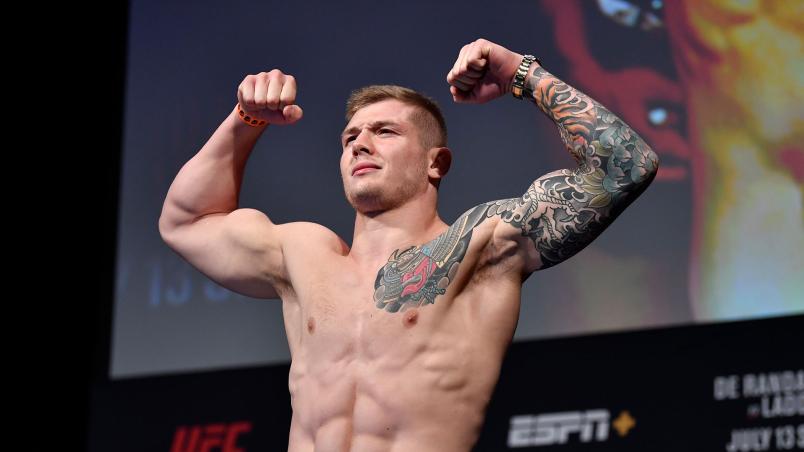 Marvin Vettori poses on the scale during the UFC Fight Night weigh-ins at Golden 1 Center on July 12, 2019 in Sacramento, California. (Photo by Jeff Bottari/Zuffa LLC)
