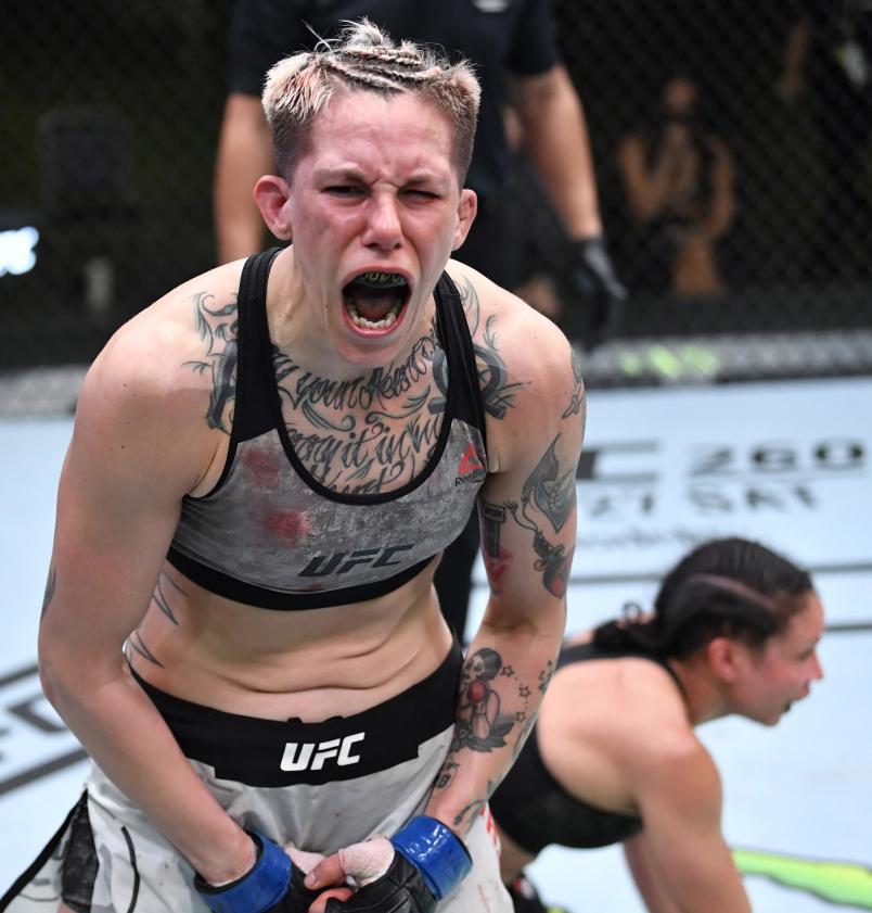 Macy Chiasson reacts after the conclusion of her bantamweight fight against Marion Reneau during the UFC Fight Night event at UFC APEX on March 20, 2021 in Las Vegas, Nevada. (Photo by Chris Unger/Zuffa LLC via Getty Images)